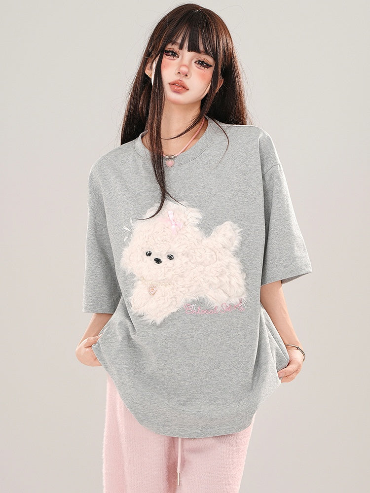 Blue/Grey/Black Plush Puppy Applique Loose T-shirt