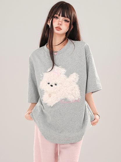 Blue/Grey/Black Plush Puppy Applique Loose T-shirt
