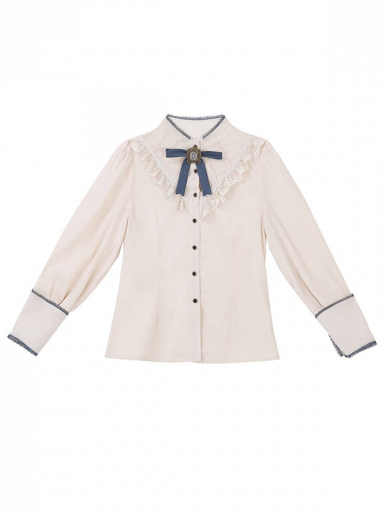 Preppy Beige & Blue Bow Lace-Trimmed Long Sleeve Lolita Blouse - Xiong Dou Jiang