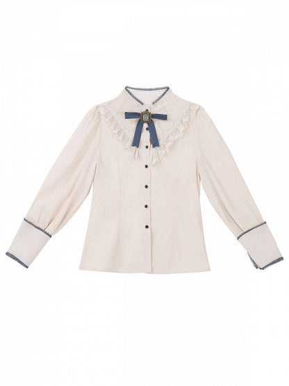 Preppy Beige & Blue Bow Lace-Trimmed Long Sleeve Lolita Blouse - Xiong Dou Jiang