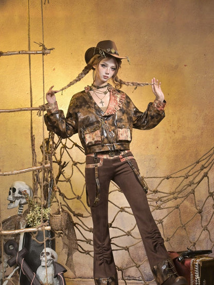 PU Brown Suspenders Orange Detachable V-Waistband Suede Lace Steampunk with Pants