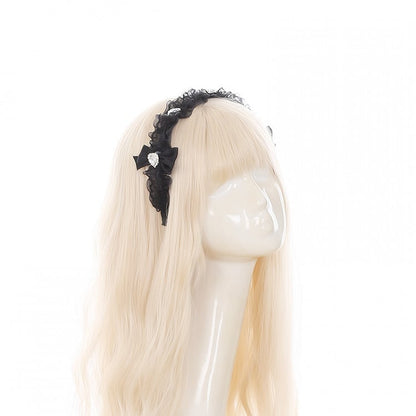 Jirai Kei Bow Rhinestones Heart Ruffled and Accents Black with KC