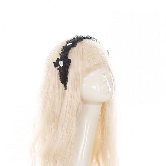 Jirai Kei Bow Rhinestones Heart Ruffled and Accents Black with KC