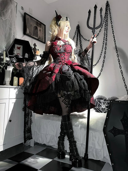 Black and Red Gothic Rosette Fabric High-low Skirt Dress Lolita JSK with Sleeves and Collar