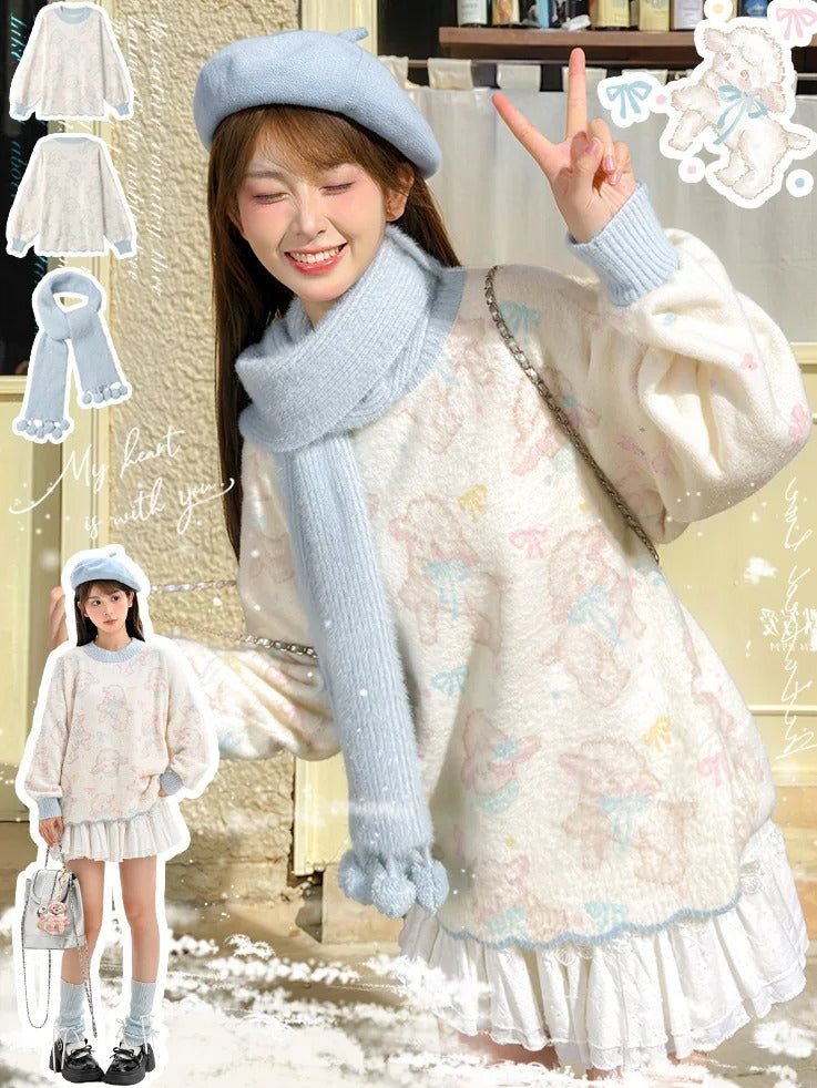 Beigefarbener Pullover mit süßem Lammmuster und gewelltem Rand