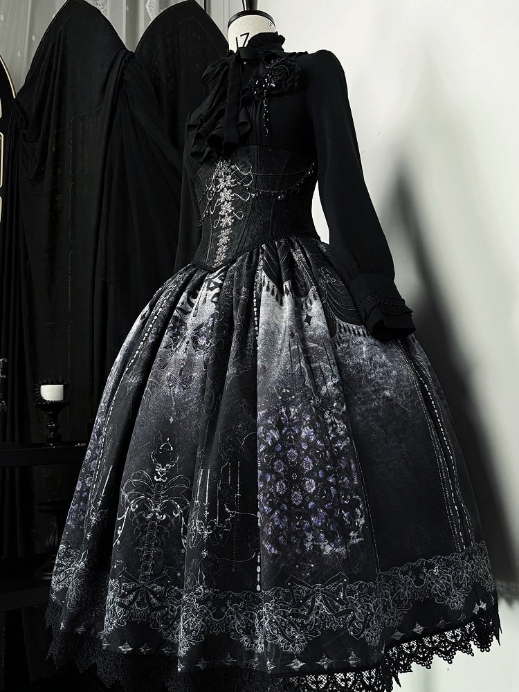 Gothic Print Skirt with Lolita and Elastic Waist Butterfly Ribs