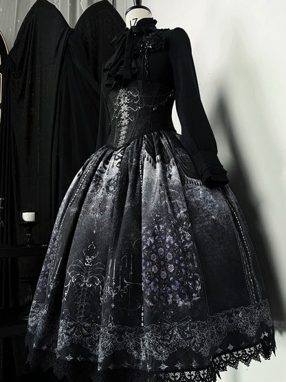 Gothic Print Skirt with Lolita and Elastic Waist Butterfly Ribs