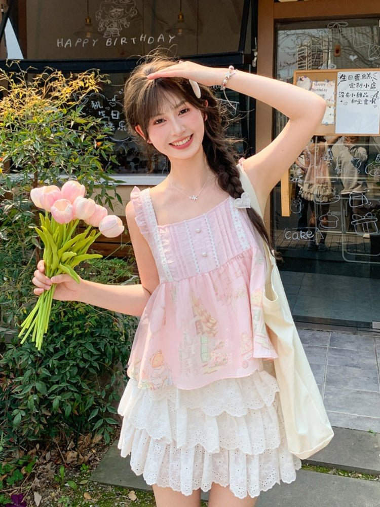 Flutter Bear Print Sleeveless Top Sweet Pink Sleeves Cartoon