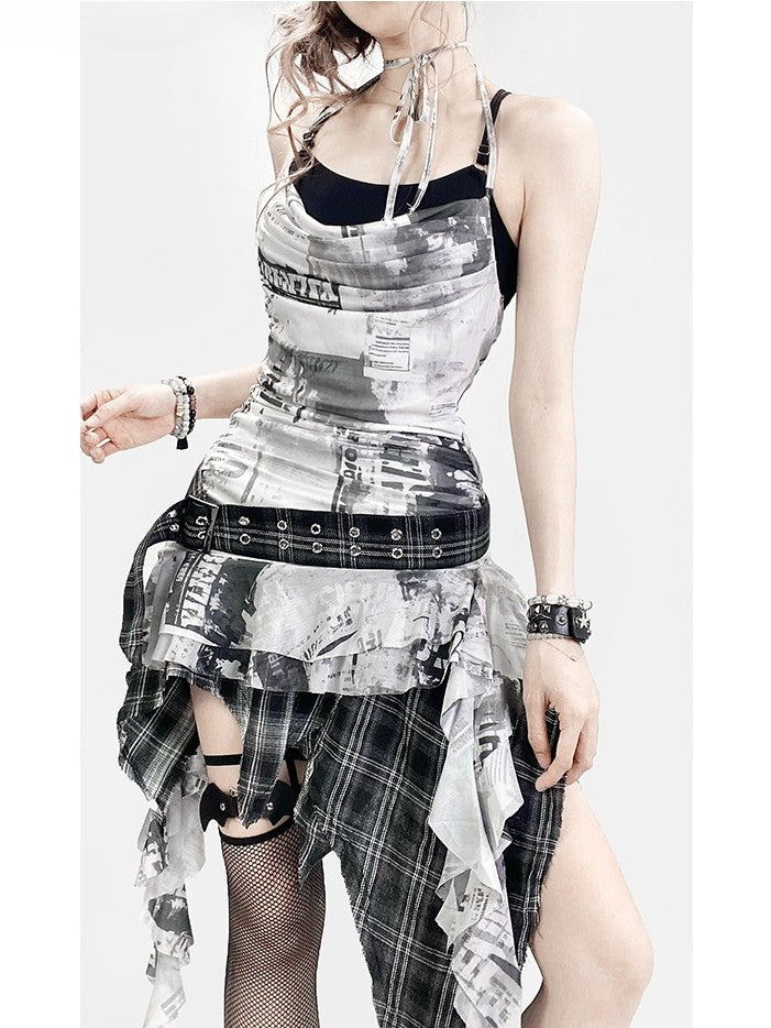 ダイタイデザイン + チェック柄キャミソールドレス トップネック アシンメトリースカートディテール ホワイト ブラックヘム ホルターネック スパイダーウェブ