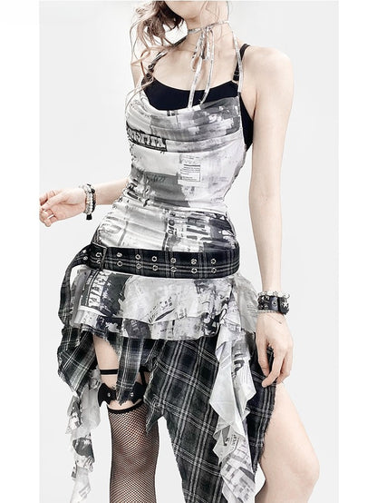 ダイタイデザイン + チェック柄キャミソールドレス トップネック アシンメトリースカートディテール ホワイト ブラックヘム ホルターネック スパイダーウェブ