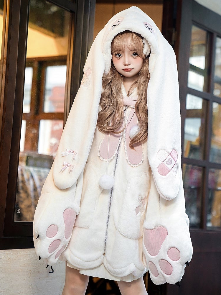 Manteau en peluche à capuche surdimensionné blanc et rose avec oreilles de lapin