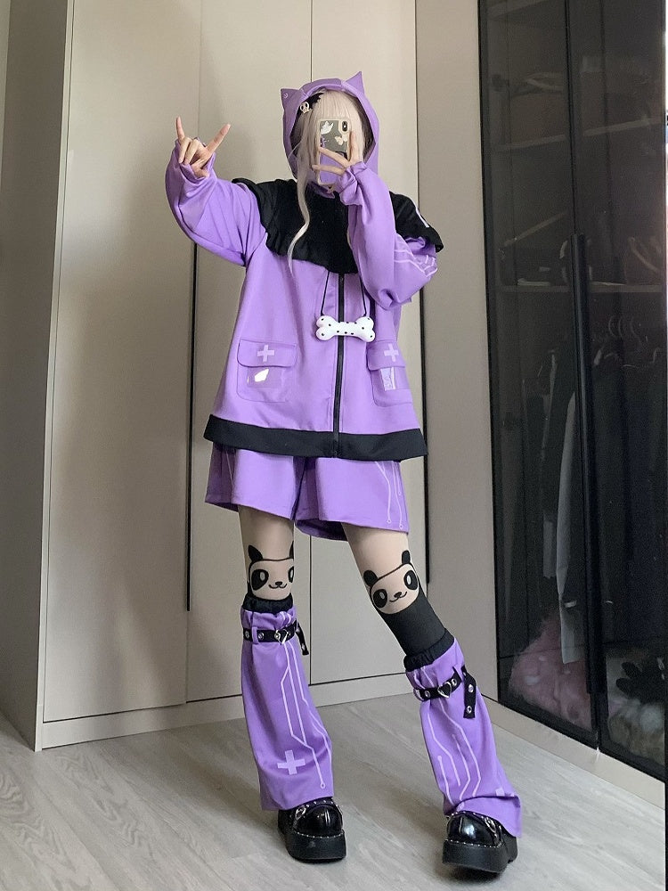 ヤミカワイイ パープル＆ブラック クロスハート バックルストラップ レッグウォーマー