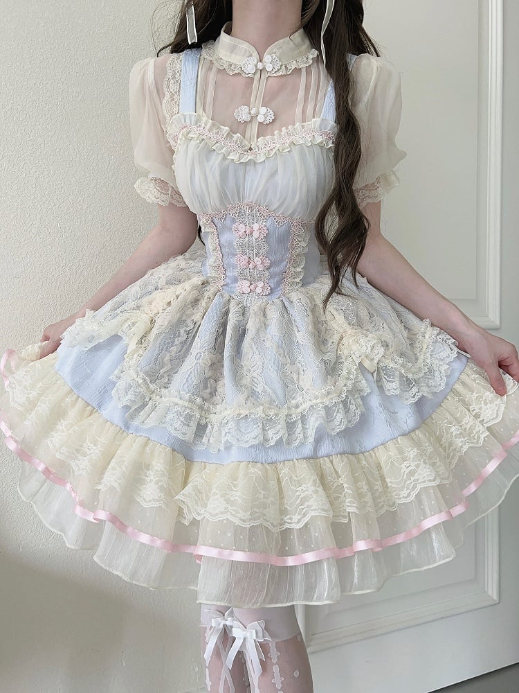 Chinoiserie Trim Dress Lolita Lace Blue Ballet-Inspired Frog Cute Button JSK