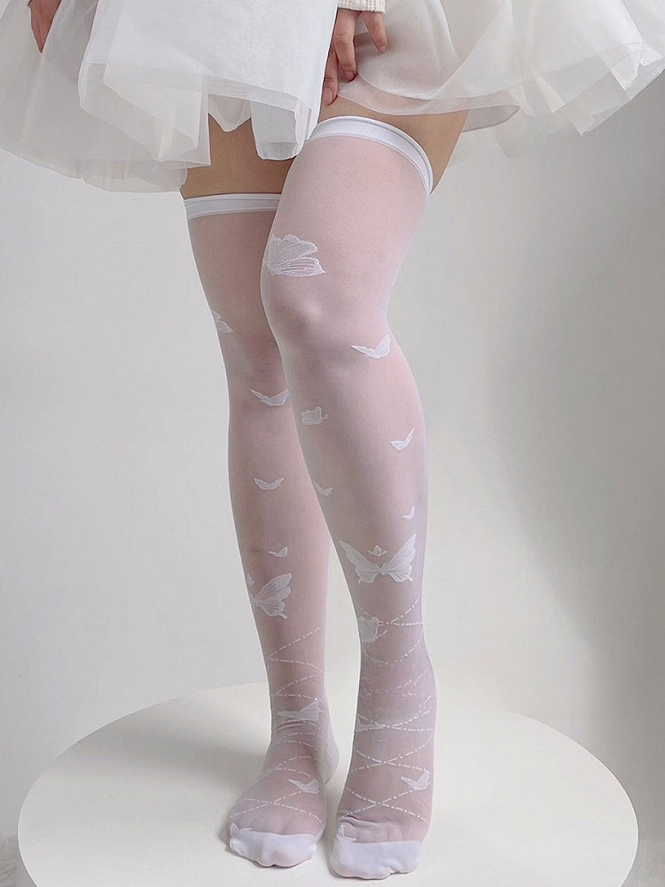 Weiße halbtransparente Lolita-Overknee-Strümpfe mit Schmetterlingsmuster