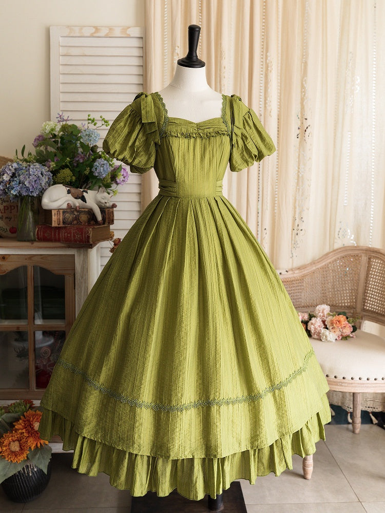 Classic Olive Princess Lolita Sleeves Puff Elegant Green Dress
