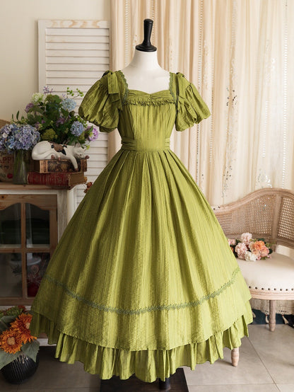 Classic Olive Princess Lolita Sleeves Puff Elegant Green Dress