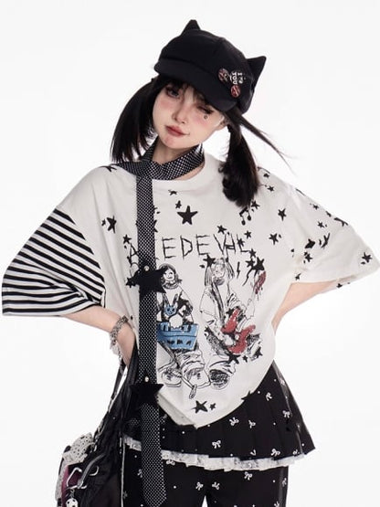 T-Shirt Loose Y2K Graffiti Print Rundhals Grau/Weiß