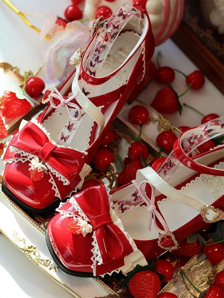 Crisscross Bow Janes Design Charm Square Sweet Toe Red Strawberry - Snap Mary Lolita with Top Heart