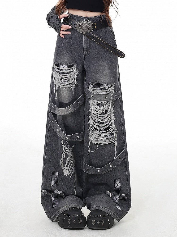 Vintage Weites Bein Grau/Rot Karo Waschung Distressed Faded Punk Holes Jeans