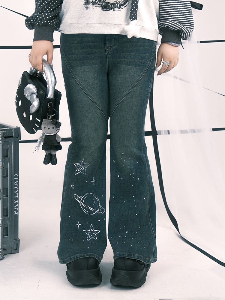 with Motifs Plus Jeans Star Rhinestone Size Blue Y2K Flared Planet