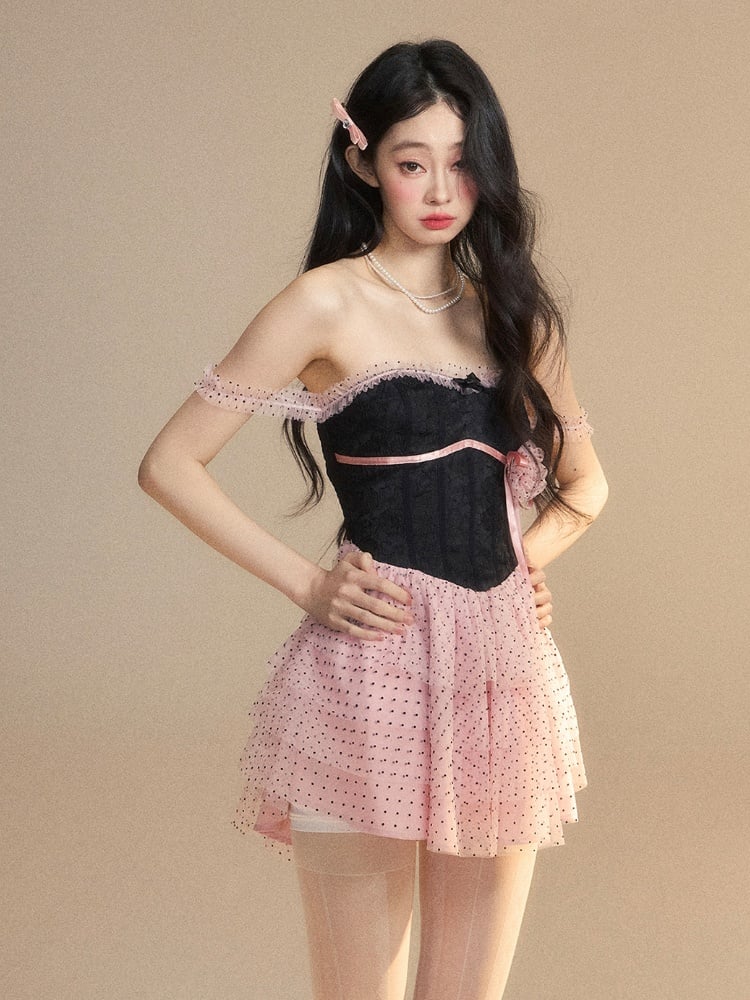 Dress Tiered Polka-Dot Mesh Skirt Floral Black  Pink Mini Accent Pattern