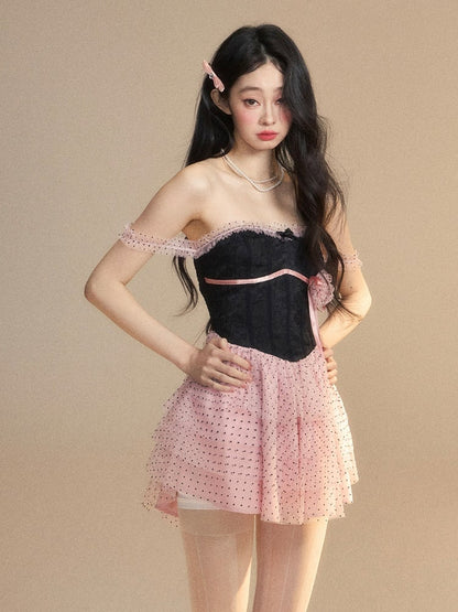 Dress Tiered Polka-Dot Mesh Skirt Floral Black  Pink Mini Accent Pattern