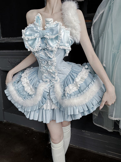 Blue Bunny Ears Bowknot Bodice Layered Skirt Boning Dress + Cropped Cape Top Set