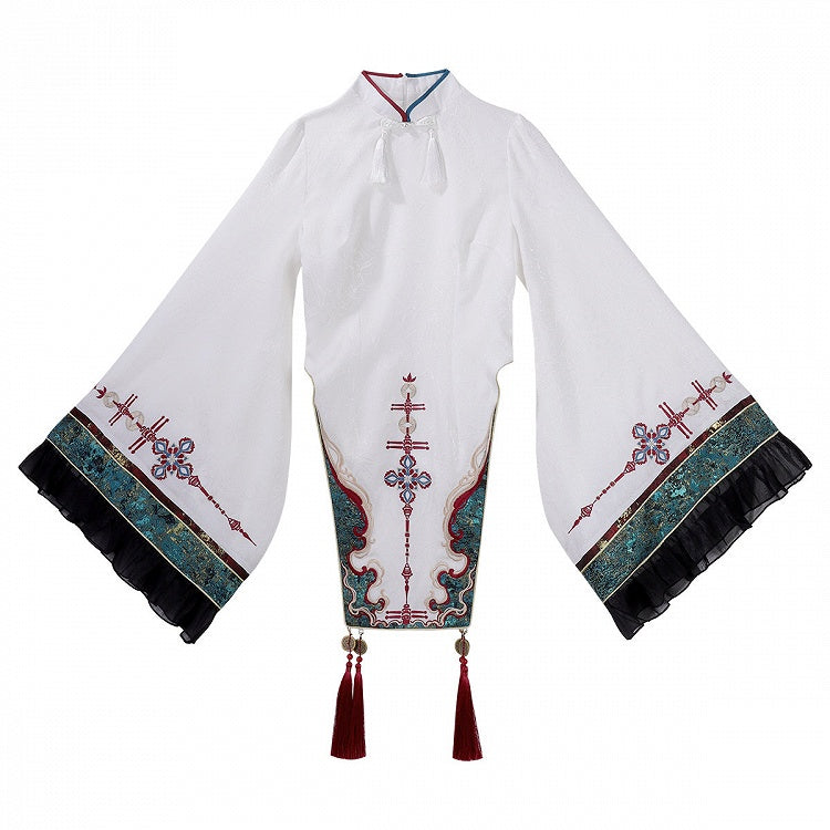 White Red Wide Sleeves Chinese Knot Embroidery Han Lolita Dress Tassels - Unknown Star