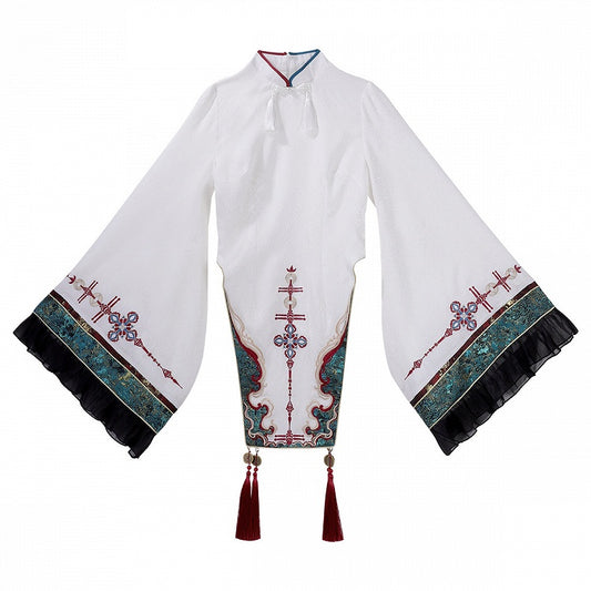 White Red Wide Sleeves Chinese Knot Embroidery Han Lolita Dress Tassels - Unknown Star