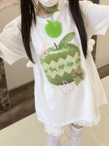Green Apple Print White Round Neck Cotton T-Shirt Apple Choker Free with