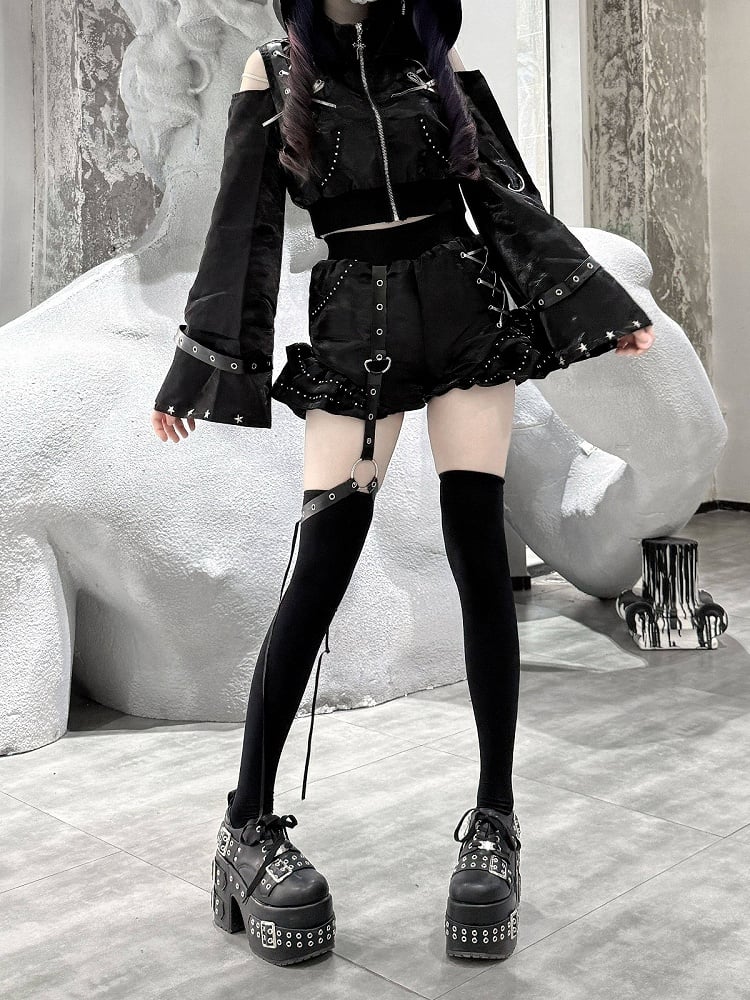 Matte Gothic Jirai-kei Black 2-Piece Set Cat Ear Hooded Cutout Shoulder Top + Shorts with Leg Garter - Bug Starting