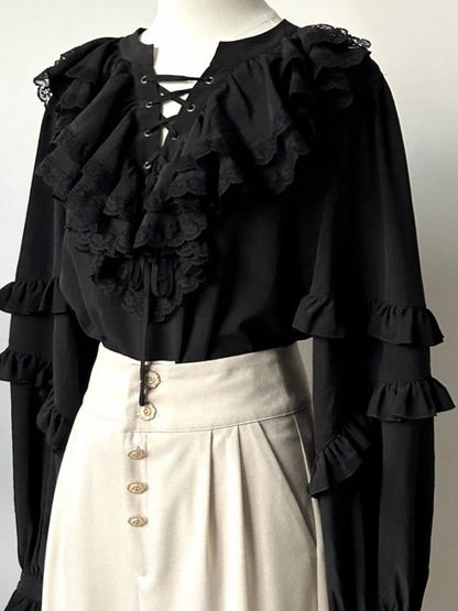 Lace-Up Ruffled Long Black with Sleeves Front Blouse
