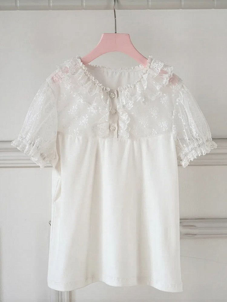 襟付きホワイトレイヤードチュールブラウスダブルショートロリータスリーブ