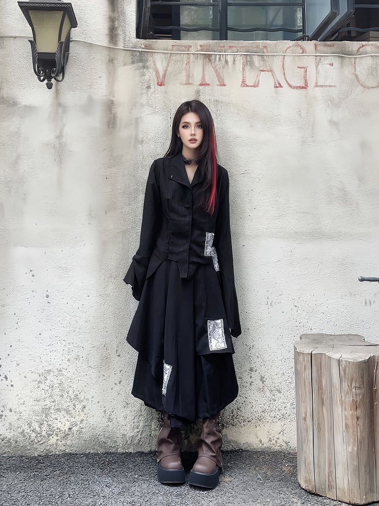Black Notched Collar Bell Sleeves Punk Asymmetrical Shirt Appliques