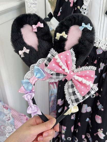 Pattern Polka-dot Black/BluePink Details Bunny Size Ear Thicken Version KC Plush Bowknot Large And Plaid