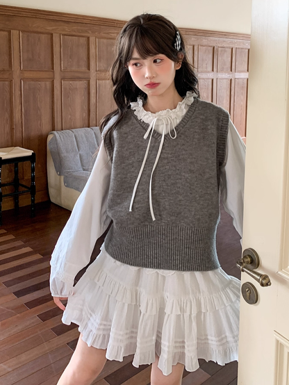 Self-tie Ruffle Neckline White Pleating Hem Blouse Details Lace