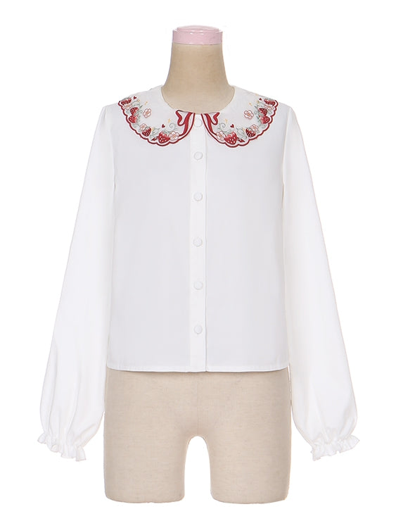 Weißes Lolita-Langarmhemd mit Erdbeer-Peter-Pan-Kragen