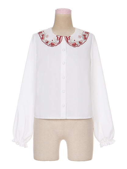 Weißes Lolita-Langarmhemd mit Erdbeer-Peter-Pan-Kragen