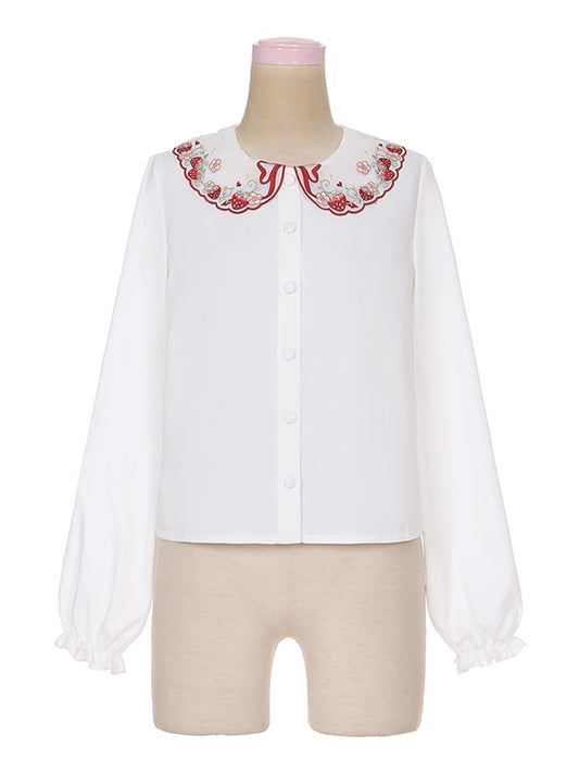 ホワイトストロベリーピーターパンカラーロリータ長袖シャツ