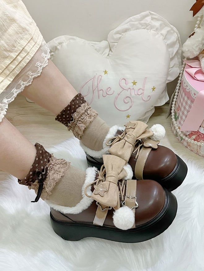 PU Schuhe Braun Abnehmbare Winter Star Lolita Akzent Süße Schleife Plattform Details Leder