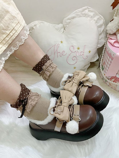 PU Schuhe Braun Abnehmbare Winter Star Lolita Akzent Süße Schleife Plattform Details Leder