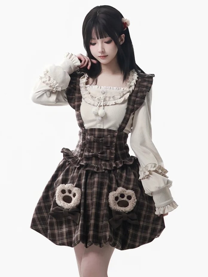 Brown Overall Skirt Puffed with - Bubble Sleeves Hem Plaid