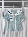 Tie Ear Daily Trim  with Collar Decor Bear Sailor Kawaii Blue Set Lace Shirt Sleeve Short Neck