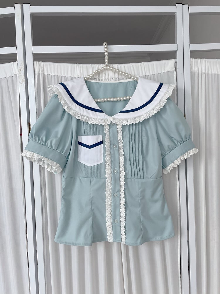 Tie Ear Daily Trim  with Collar Decor Bear Sailor Kawaii Blue Set Lace Shirt Sleeve Short Neck