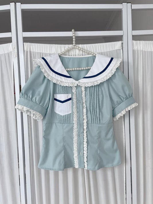 Tie Ear Daily Trim  with Collar Decor Bear Sailor Kawaii Blue Set Lace Shirt Sleeve Short Neck