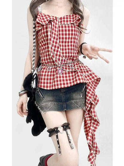 Plaid Y2K Asymmetrical Glamorous Hem Top Cami Holiday Red Pattern