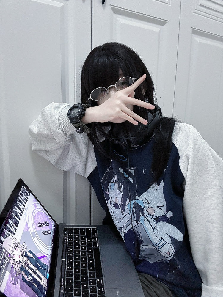 Sweatshirt Pattern Girl Navy Cartoon Design Colorblock with Blue Cotton