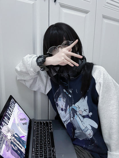 Sweatshirt Pattern Girl Navy Cartoon Design Colorblock with Blue Cotton