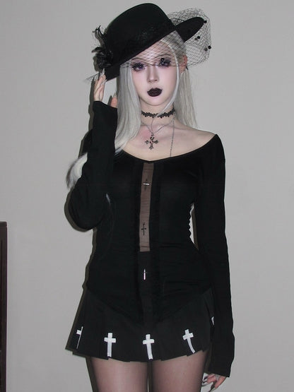 Top Gothic All with White Cutout Black/Black Sleeves Design Long