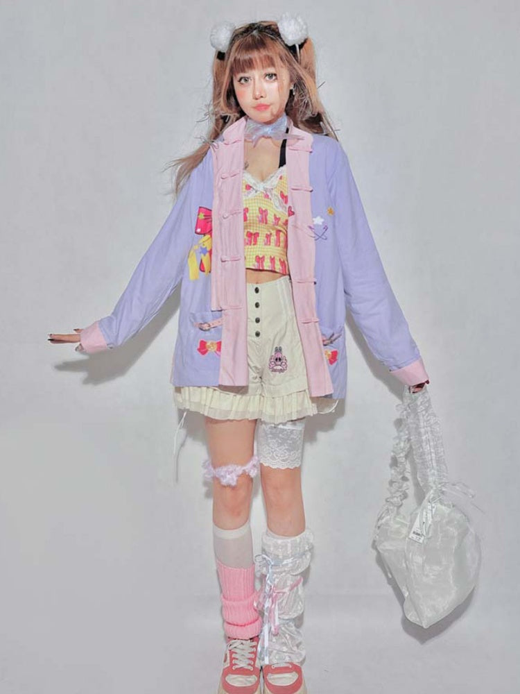 リバーシブル ピンク＆パープル バンドカラー ボウバックルシャツ